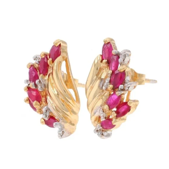Yellow Gold Ruby & Diamond Lg Cluster Stud Earrings 10k Marquise 1.59ctw Pierced